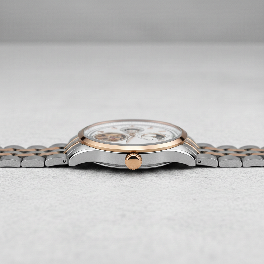BONEST GATTI BG5808 automatic skeleton watch side profile showing slim case thickness, sapphire crystal and rose gold crown detail.