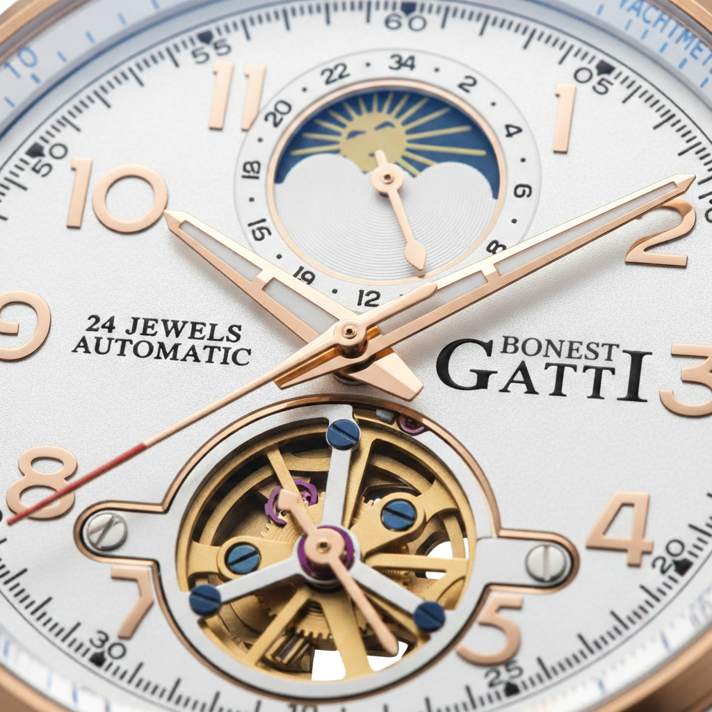 BONEST GATTI BG5808 skeleton dial macro showing flywheel mechanism, rose gold hands and precision automatic movement.