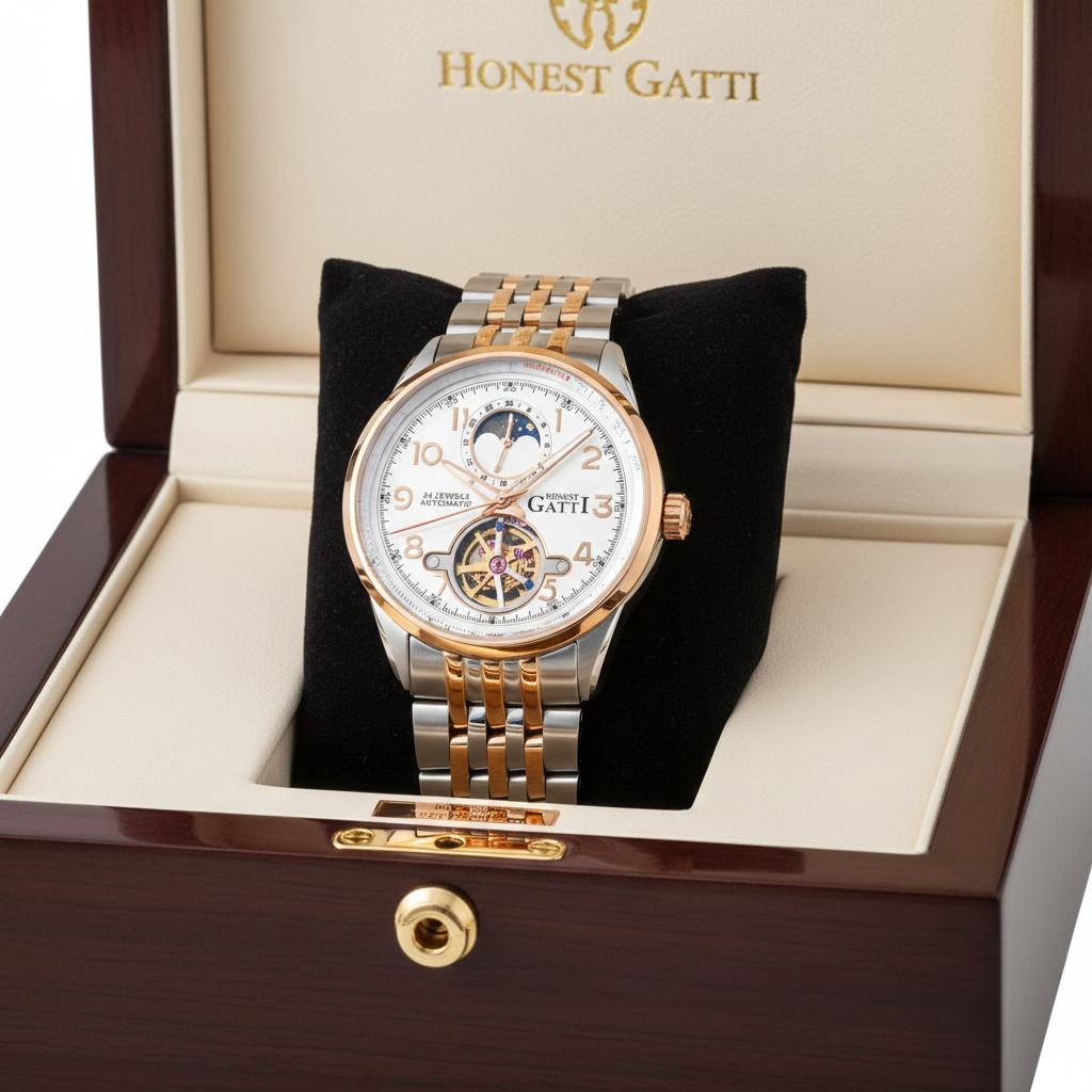 BONEST GATTI BG5808 automatic skeleton watch displayed in luxury presentation box with sapphire crystal and flywheel dial visible.
