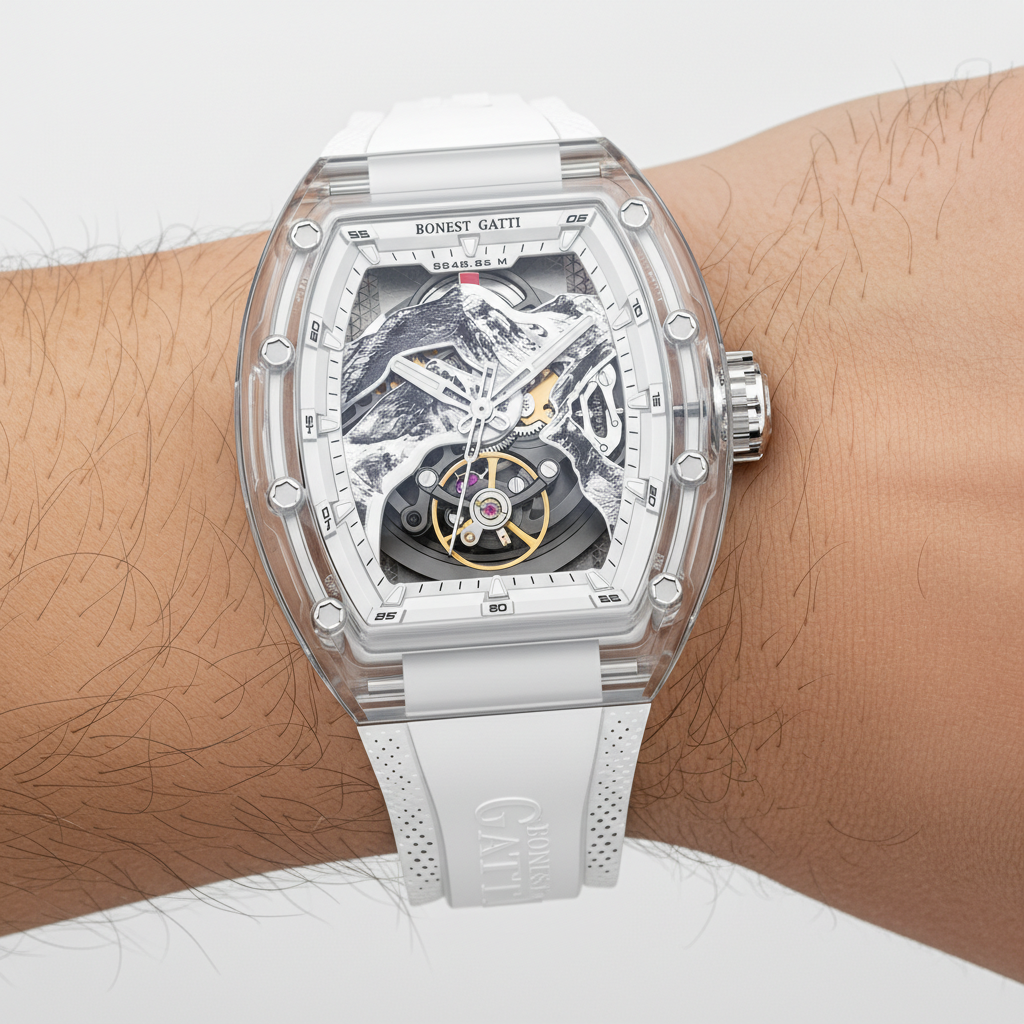 BONEST GATTI BG6001 automatic skeleton watch worn on wrist featuring transparent acrylic case and sapphire crystal