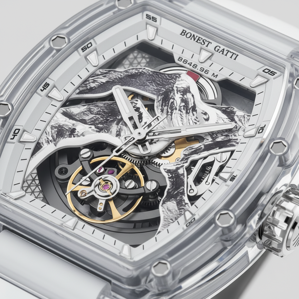 BONEST GATTI BG6001 skeleton dial macro revealing mechanical movement inside transparent acrylic case