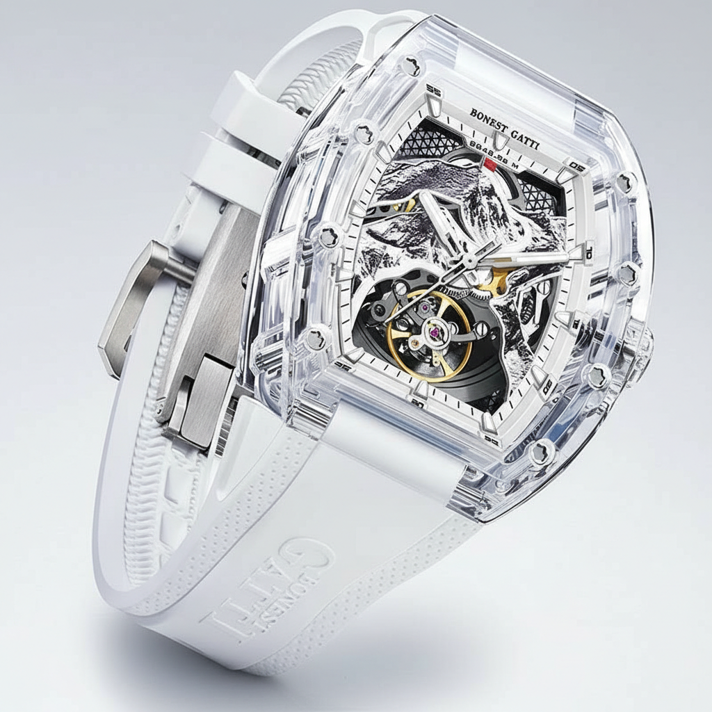 BONEST GATTI BG6001 skeleton movement close up highlighting sapphire crystal and precision mechanical components