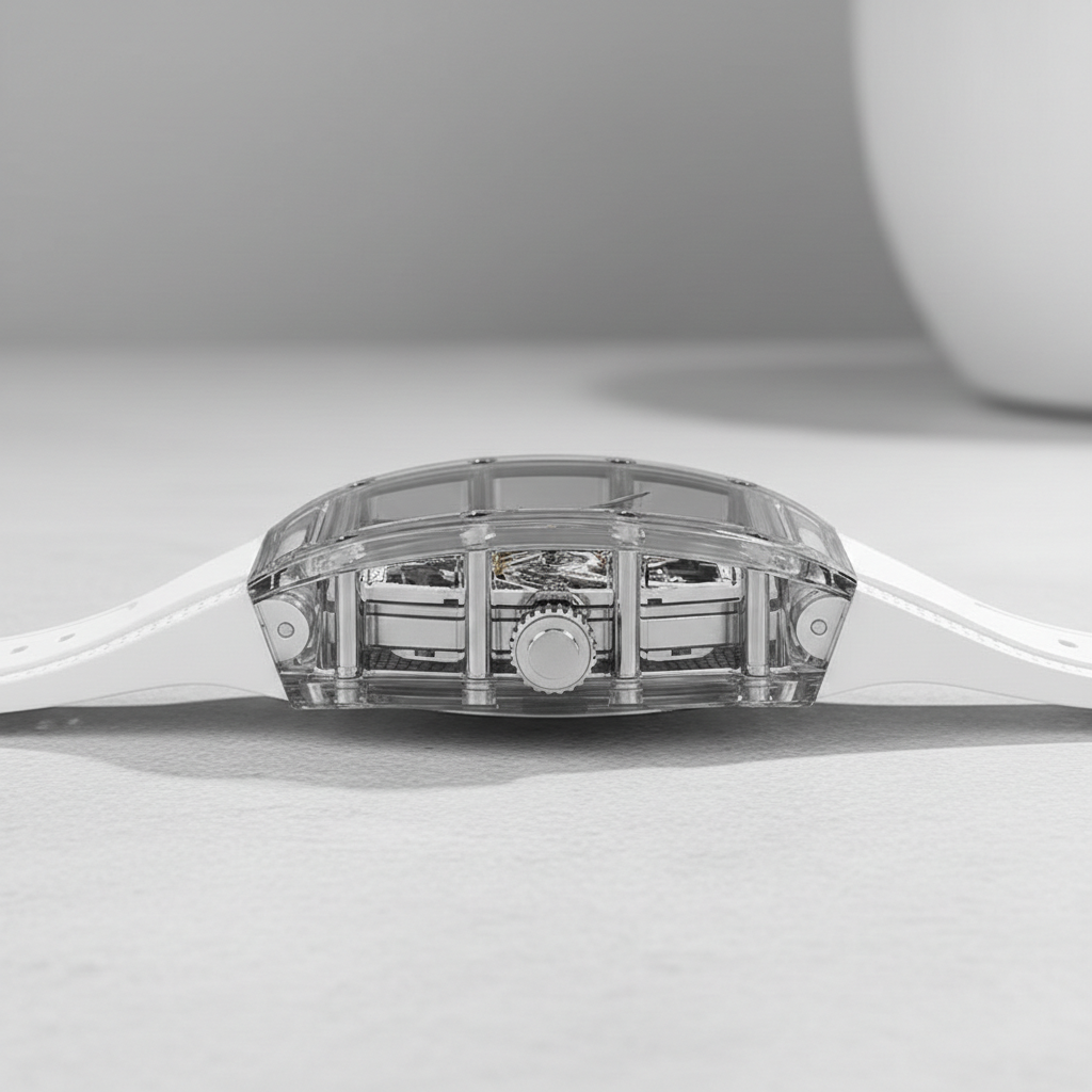 BONEST GATTI BG6001 automatic skeleton watch side profile showing transparent acrylic case and crown detail