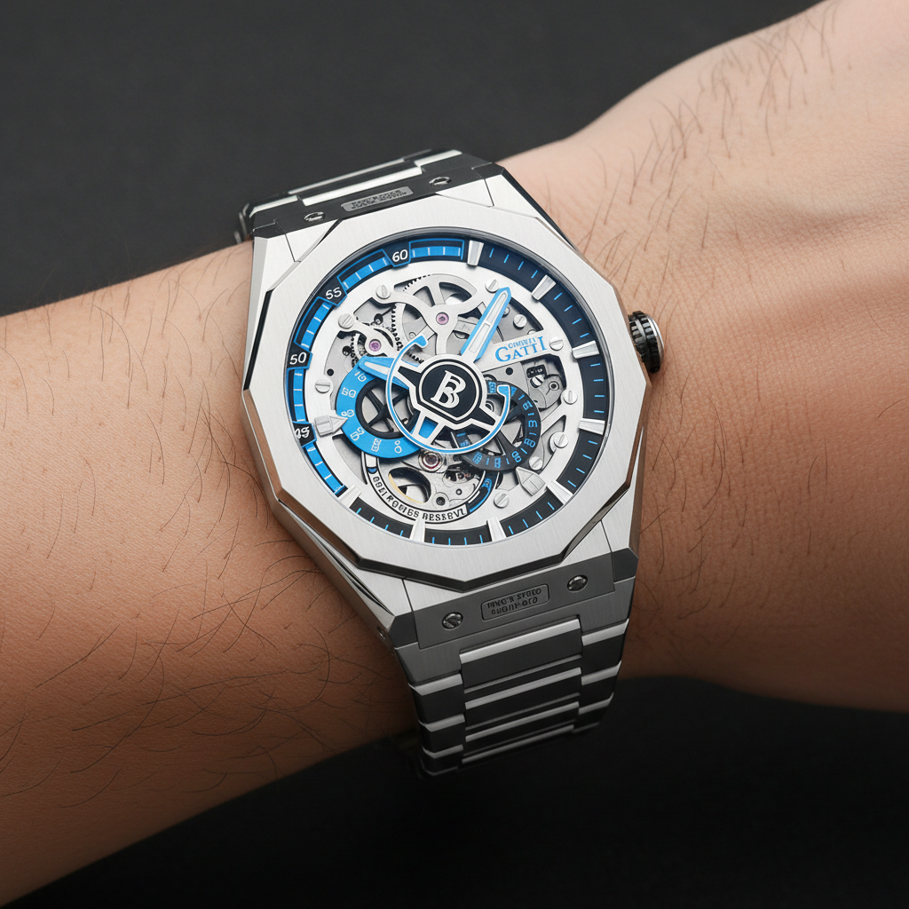 BONEST GATTI BG7601-S silver edition automatic watch worn on wrist with blue skeleton dial in lifestyle setting