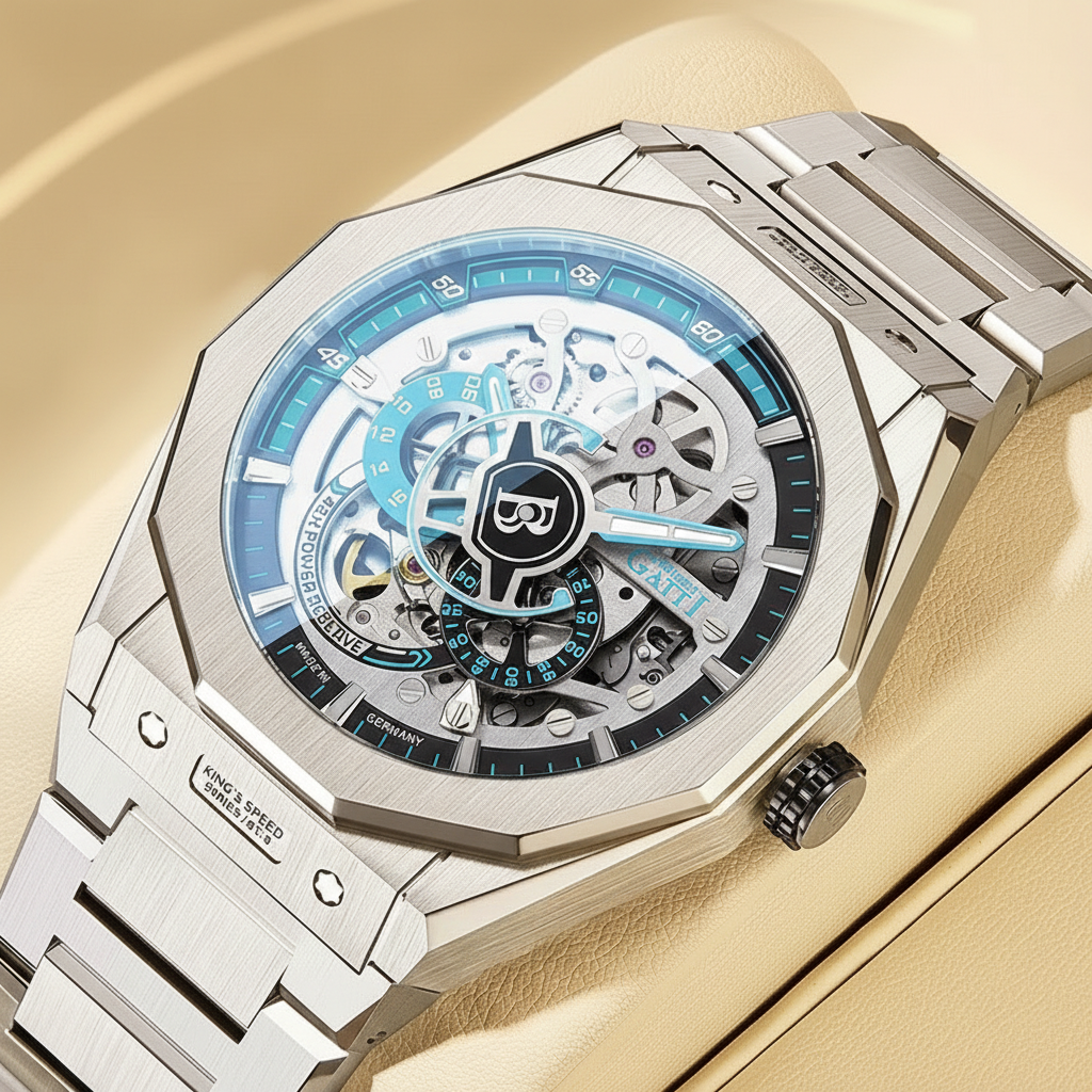 BONEST GATTI BG7601-S automatic mechanical watch with blue skeleton dial and silver case displayed on cushion inside luxury box