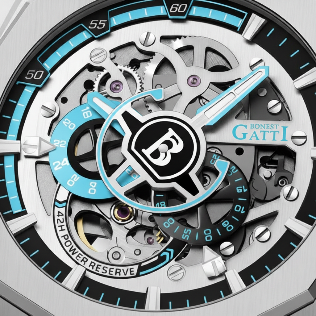 Extreme macro view of BONEST GATTI BG7601-S blue skeleton dial showing mechanical movement and luminous hands in silver edition