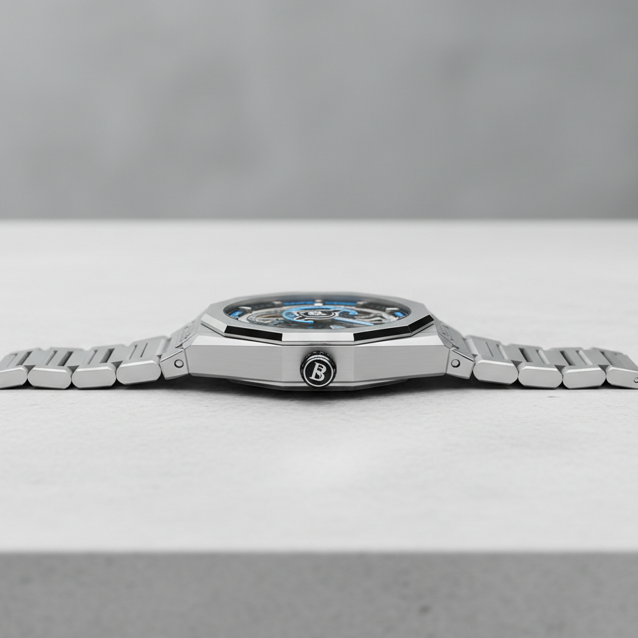 Side profile of BONEST GATTI BG7601-S silver case automatic watch showing slim thickness and crown detail