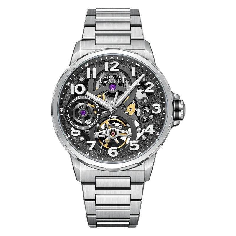 BONEST GATTI BG8010 men’s automatic watch with black skeleton dial and stainless steel bracelet