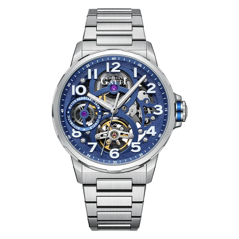 BONEST GATTI BG8010 men’s automatic watch with blue skeleton dial and stainless steel bracelet