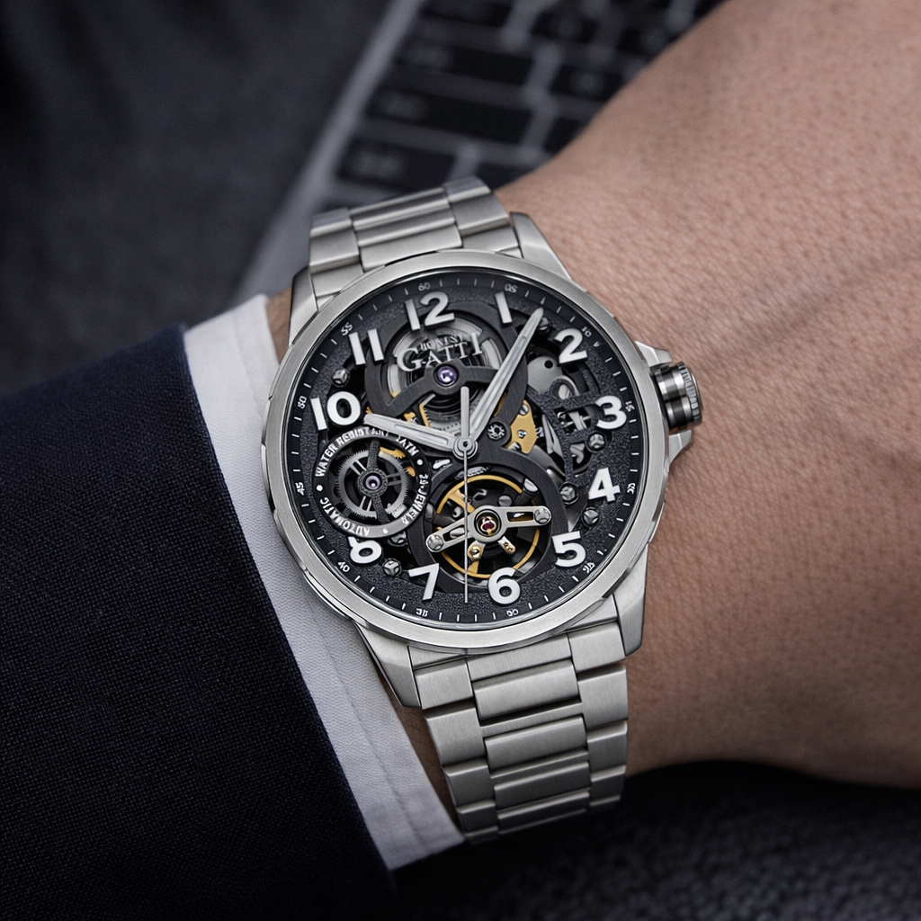 Men’s Automatic Watch BONEST GATTI BG8010 skeleton dial worn on wrist with stainless steel bracelet in a business lifestyle setting