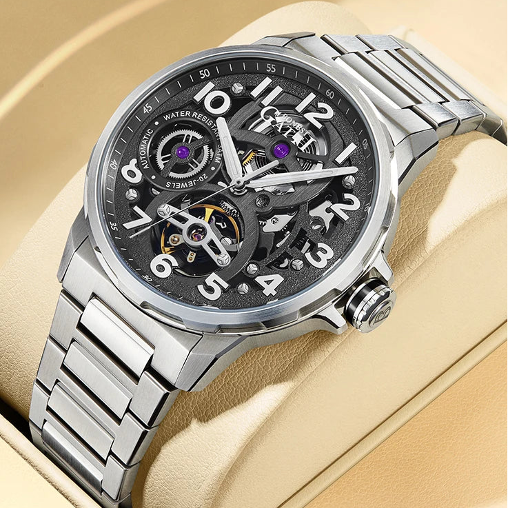 BONEST GATTI BG8010 men’s automatic watch with stainless steel bracelet and skeleton dial displayed in luxury lifestyle setting