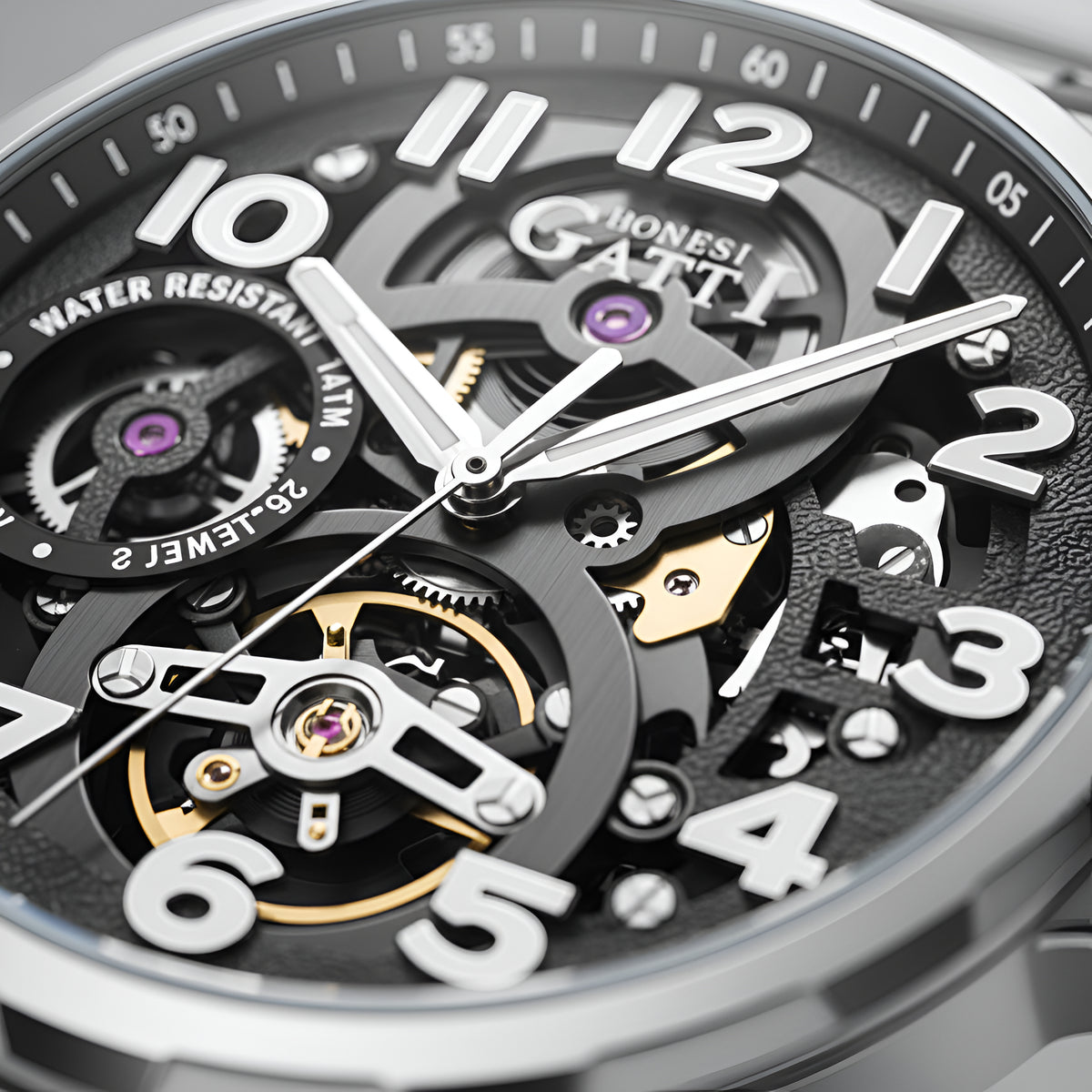 BONEST GATTI BG8010 men's skeleton automatic watch open-work dial mechanical detail
