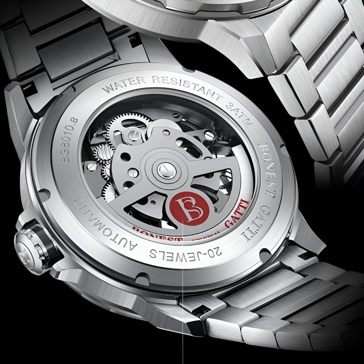 BONEST GATTI BG8010 men's skeleton automatic watch transparent case back mechanical movement