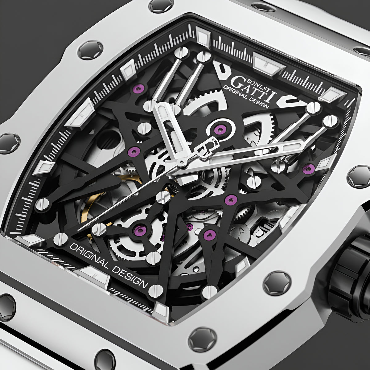 Close-up of BONEST GATTI BG8010 skeleton dial revealing mechanical gears luminous markers and precision finishing
