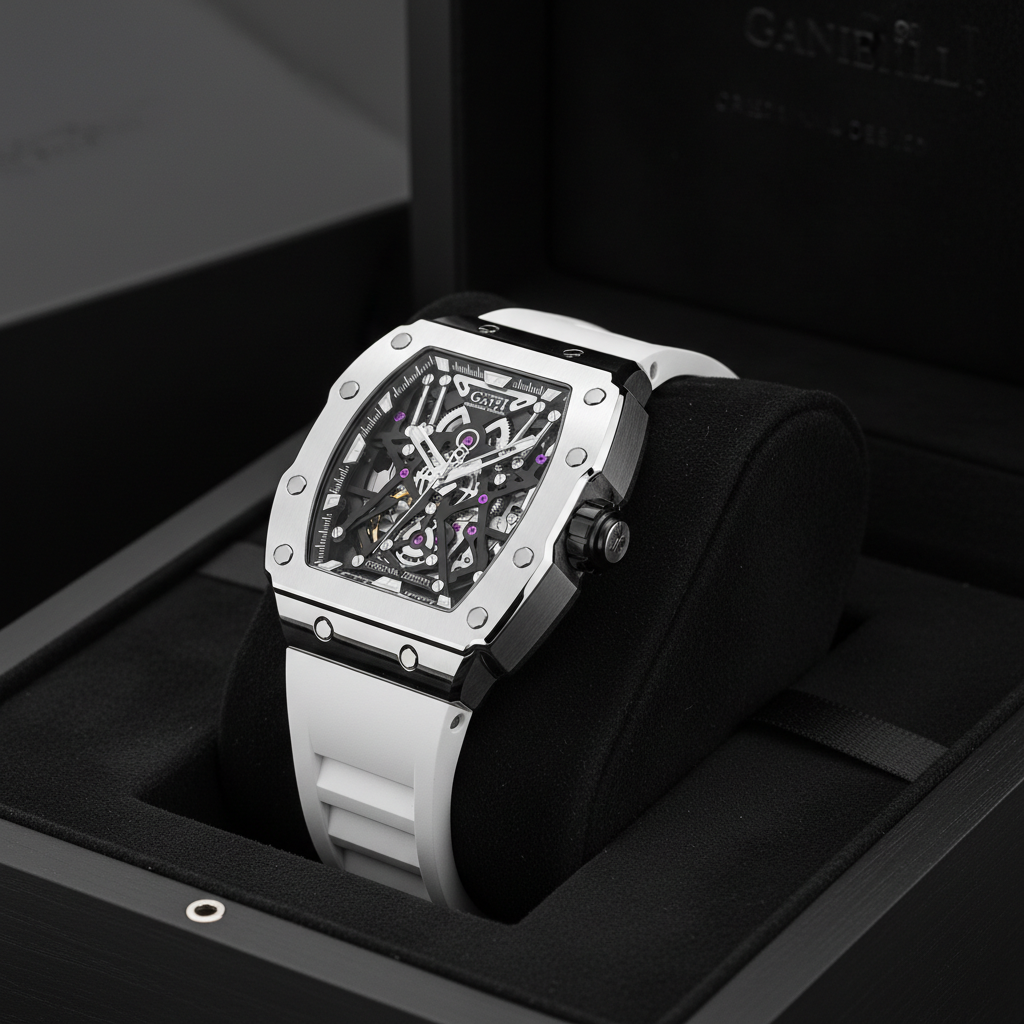 BONEST GATTI BG8010 men’s skeleton automatic watch presented in premium black luxury box
