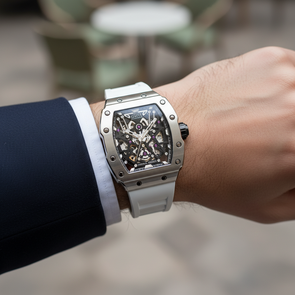 BONEST GATTI BG8010 men’s skeleton automatic watch worn on wrist showing luxury steel case and open-work dial