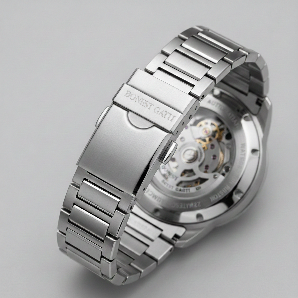 BONEST GATTI BG8010 men's skeleton automatic watch stainless steel bracelet clasp back view
