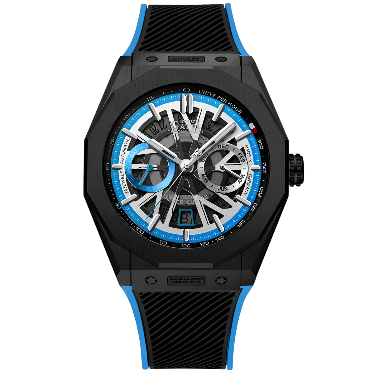 BONEST GATTI BG9601 black case automatic chronograph skeleton watch with blue dial front view