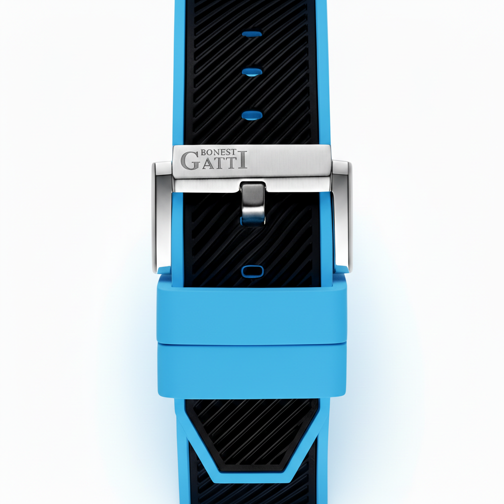 BONEST GATTI BG9601 blue rubber strap and stainless steel buckle detail with engraved logo