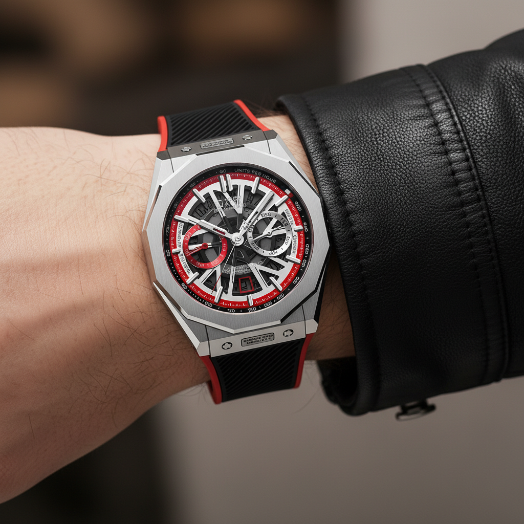 BONEST GATTI BG9601 automatic chronograph skeleton watch with red coloral dial worn on wrist