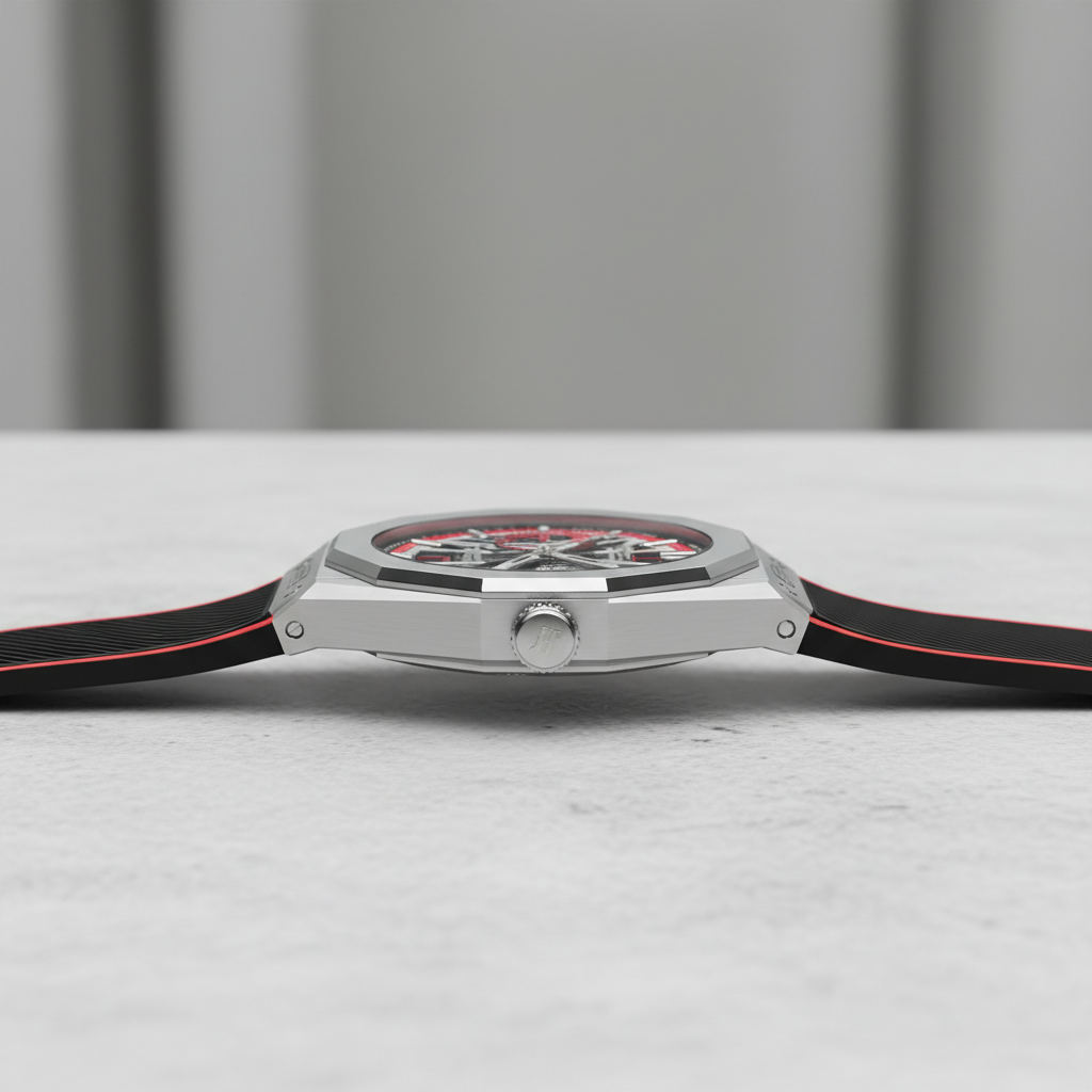 Side view of BONEST GATTI BG9601 automatic chronograph showing slim case profile and brushed finish