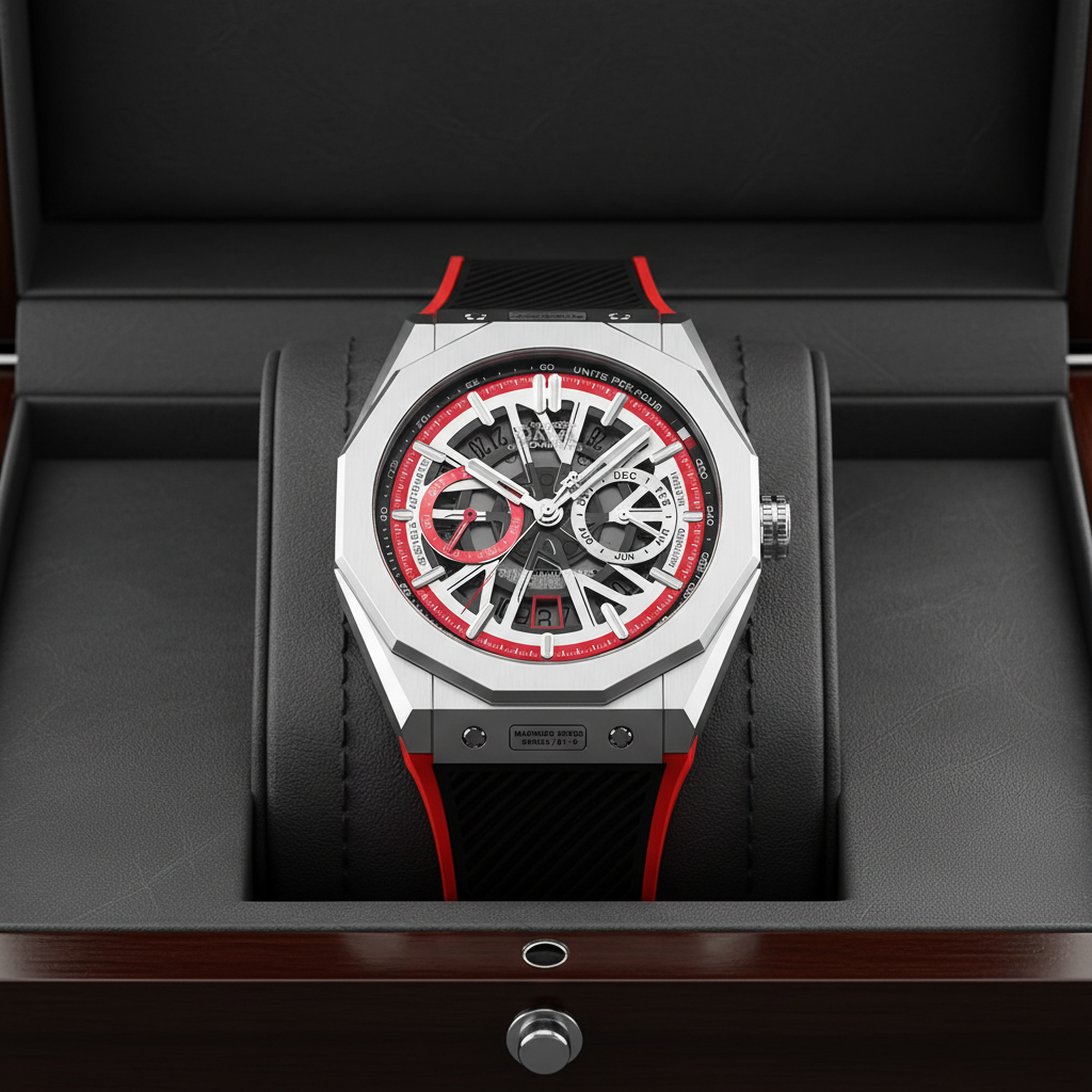 BONEST GATTI BG9601 coloral red skeleton chronograph watch displayed on cushion inside presentation box