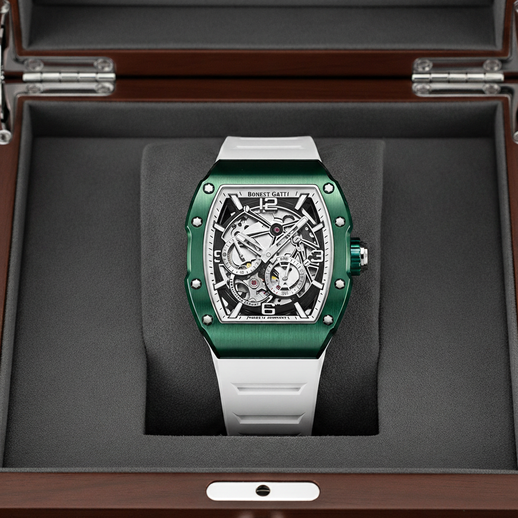 BONEST GATTI BG9903 tonneau automatic skeleton luminous watch presented in luxury box with cushion