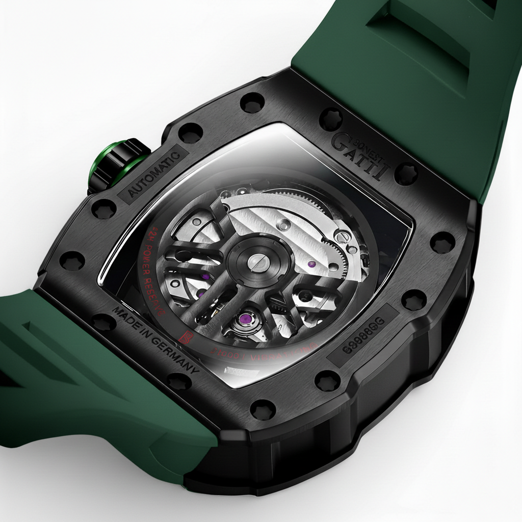 BONEST GATTI BG9905 automatic skeleton watch transparent case back movement view