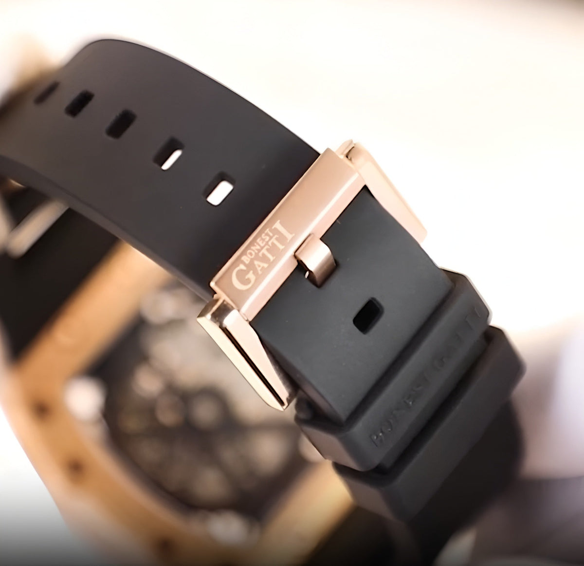 Bonest Gatti BG9905 Dark Edition skeleton automatic watch buckle detail with black rubber strap and engraved clasp
