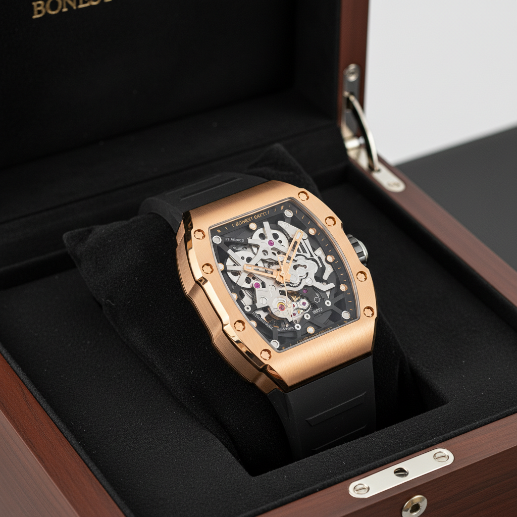 Bonest Gatti BG9905 Dark Edition tonneau skeleton automatic watch displayed in premium presentation box