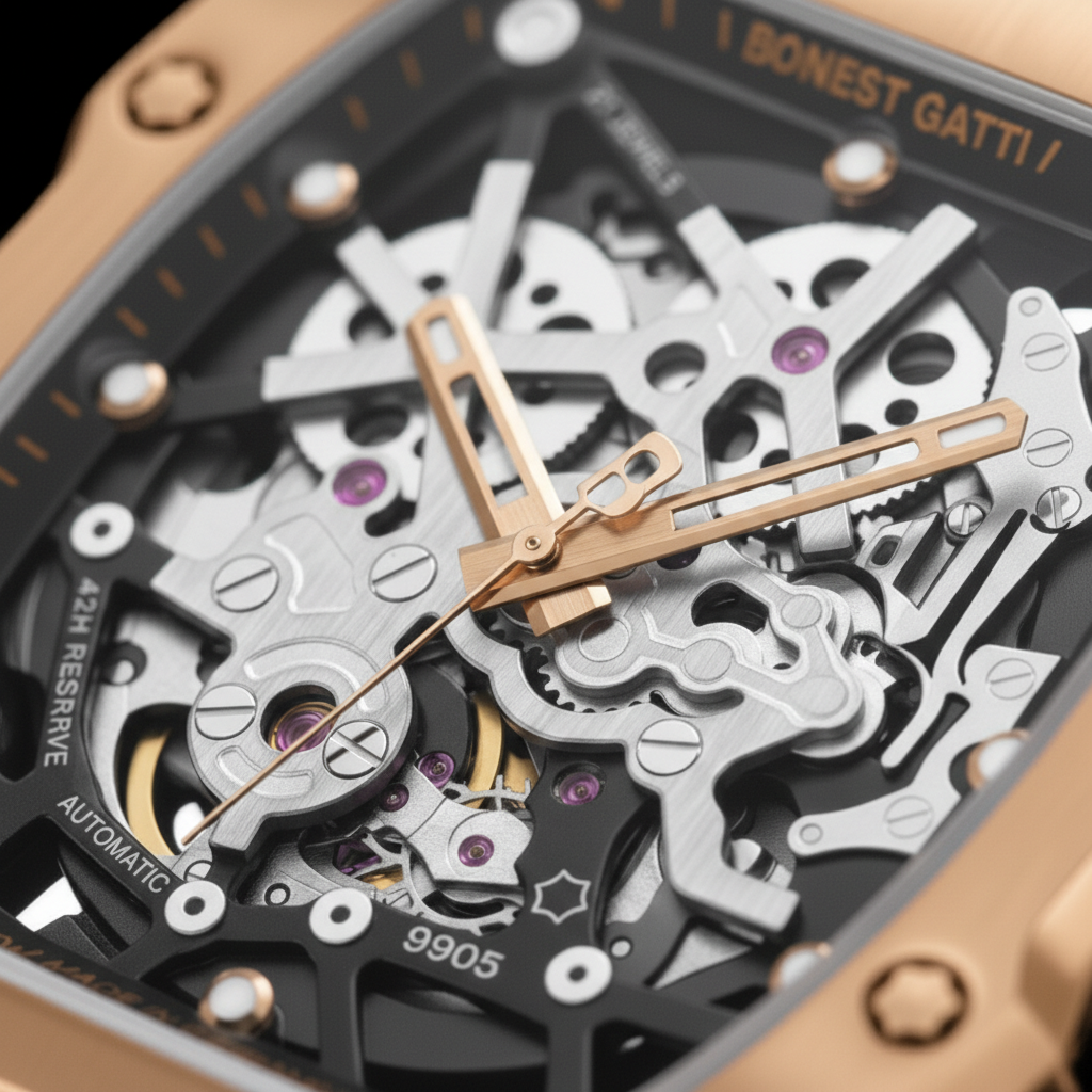 Bonest Gatti BG9905 Dark Edition hollow automatic skeleton watch macro showing exposed mechanical movement