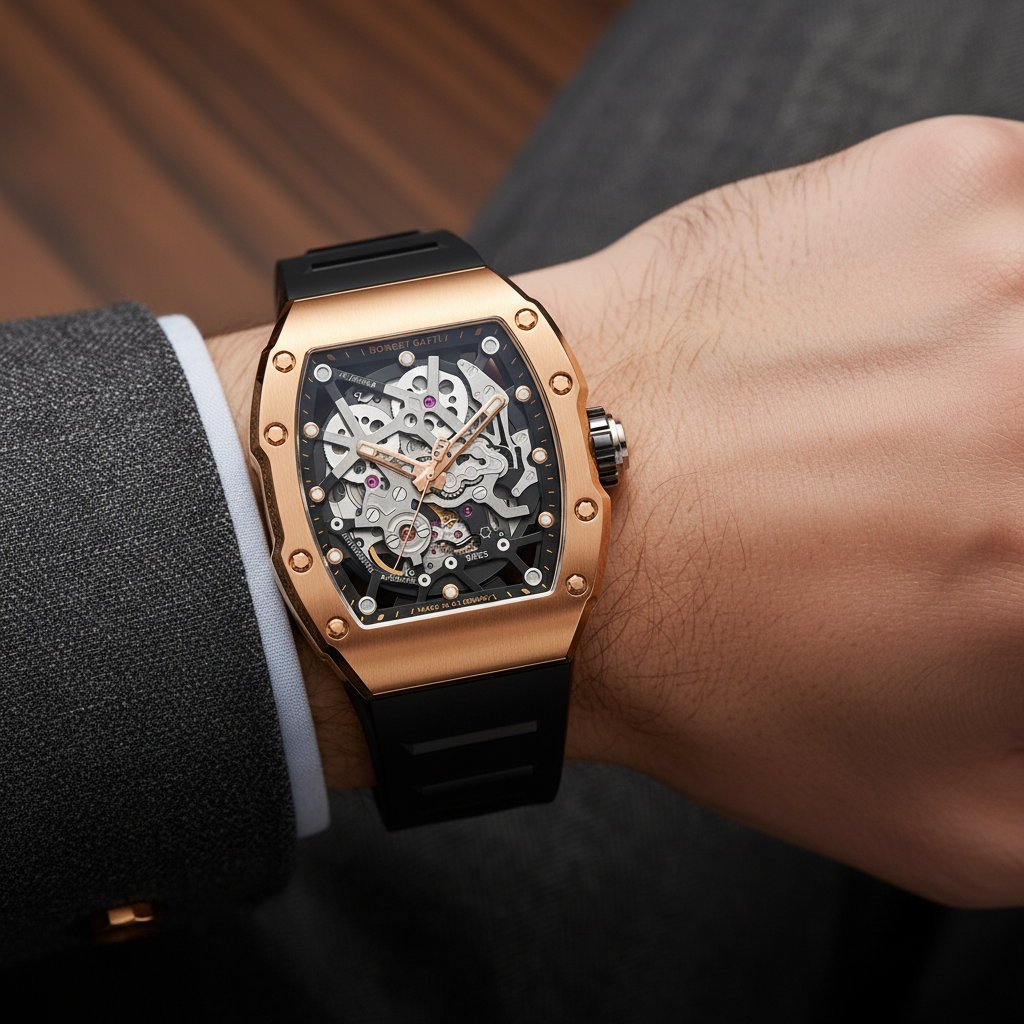 Bonest Gatti BG9905 Dark Edition tonneau hollow automatic skeleton watch worn on wrist lifestyle view
