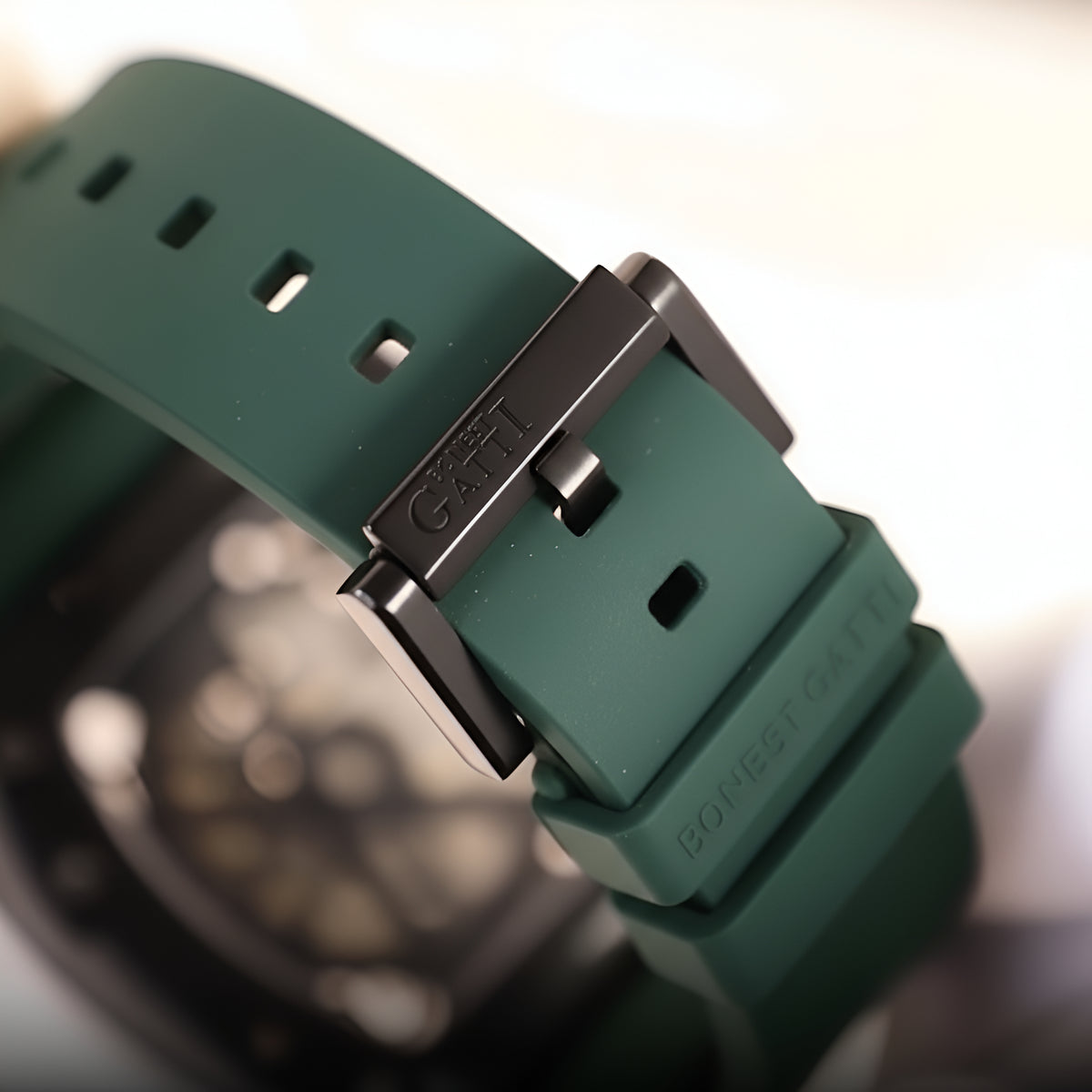 BONEST GATTI BG9905 automatic skeleton watch green rubber strap buckle close up detail