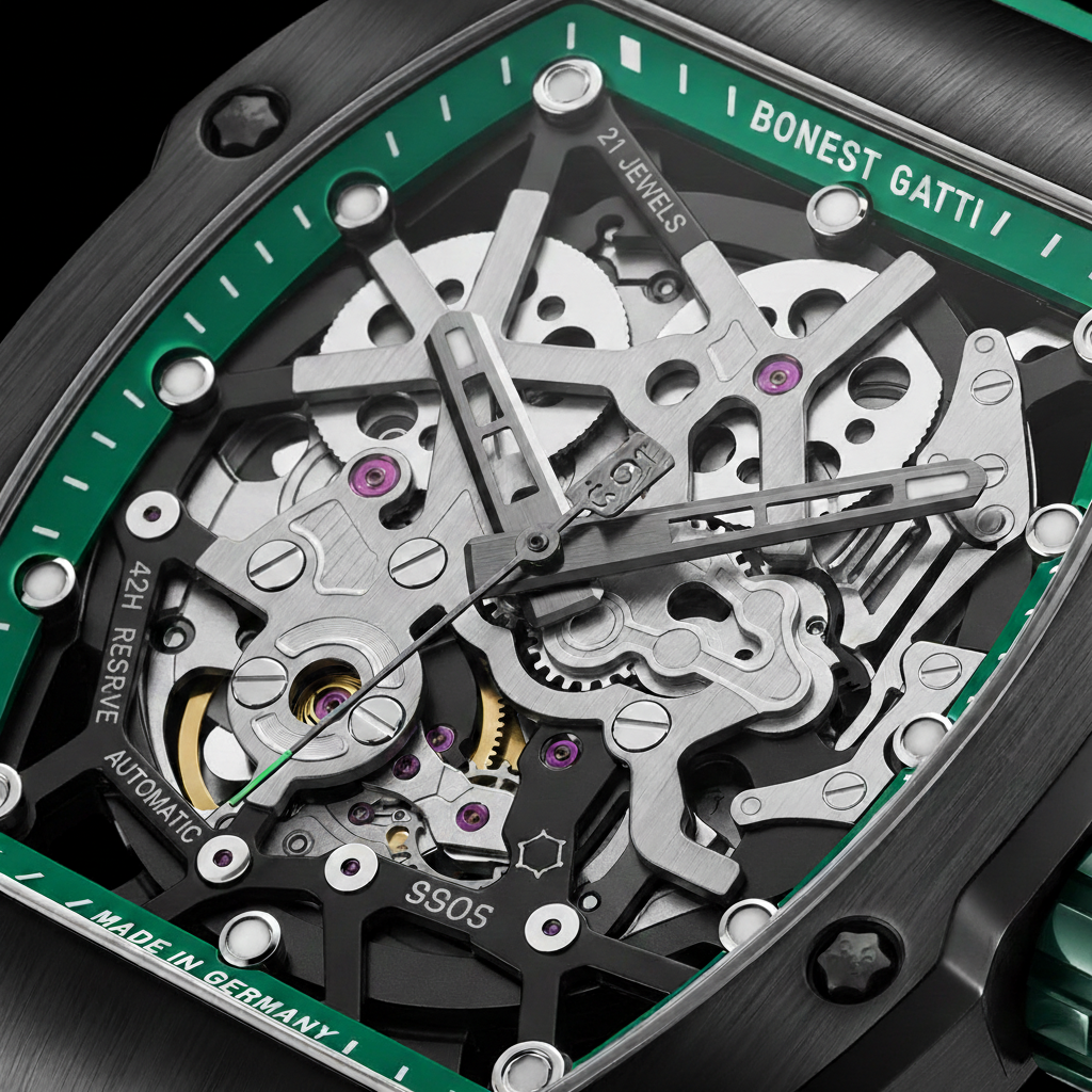 BONEST GATTI BG9905 skeleton dial macro showing hollow automatic movement details