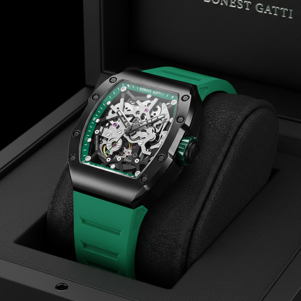 BONEST GATTI BG9905 tonneau skeleton automatic watch displayed in luxury presentation box