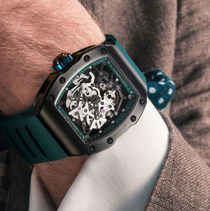 BONEST GATTI BG9905 tonneau hollow automatic skeleton watch worn on wrist with green strap