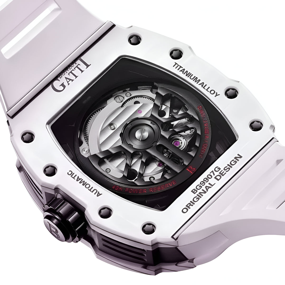 BONEST GATTI BG9907 automatic skeleton watch caseback with visible movement, titanium alloy construction and sapphire crystal window