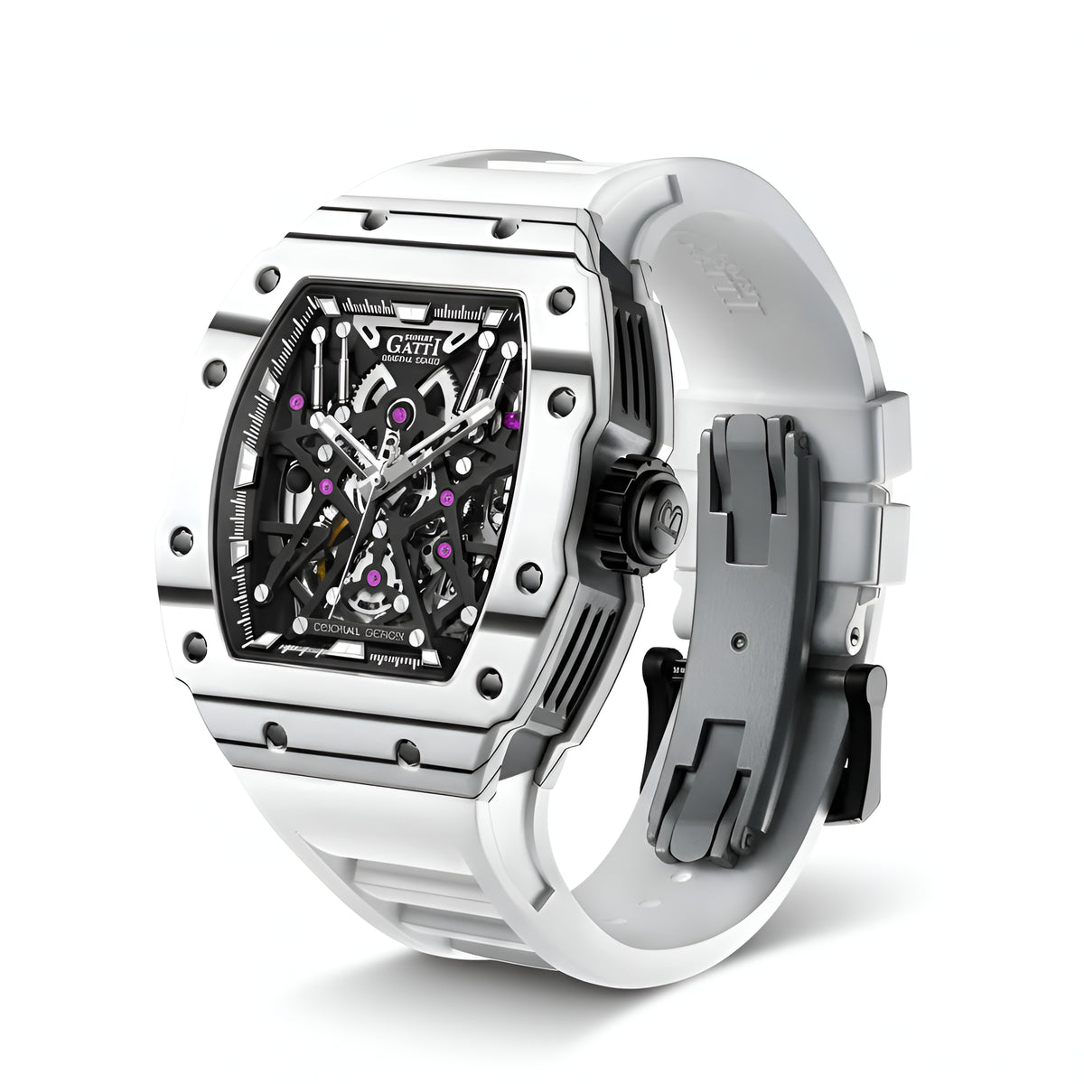 BONEST GATTI BG9907 skeleton automatic watch with white strap, tonneau case and exposed mechanical movement