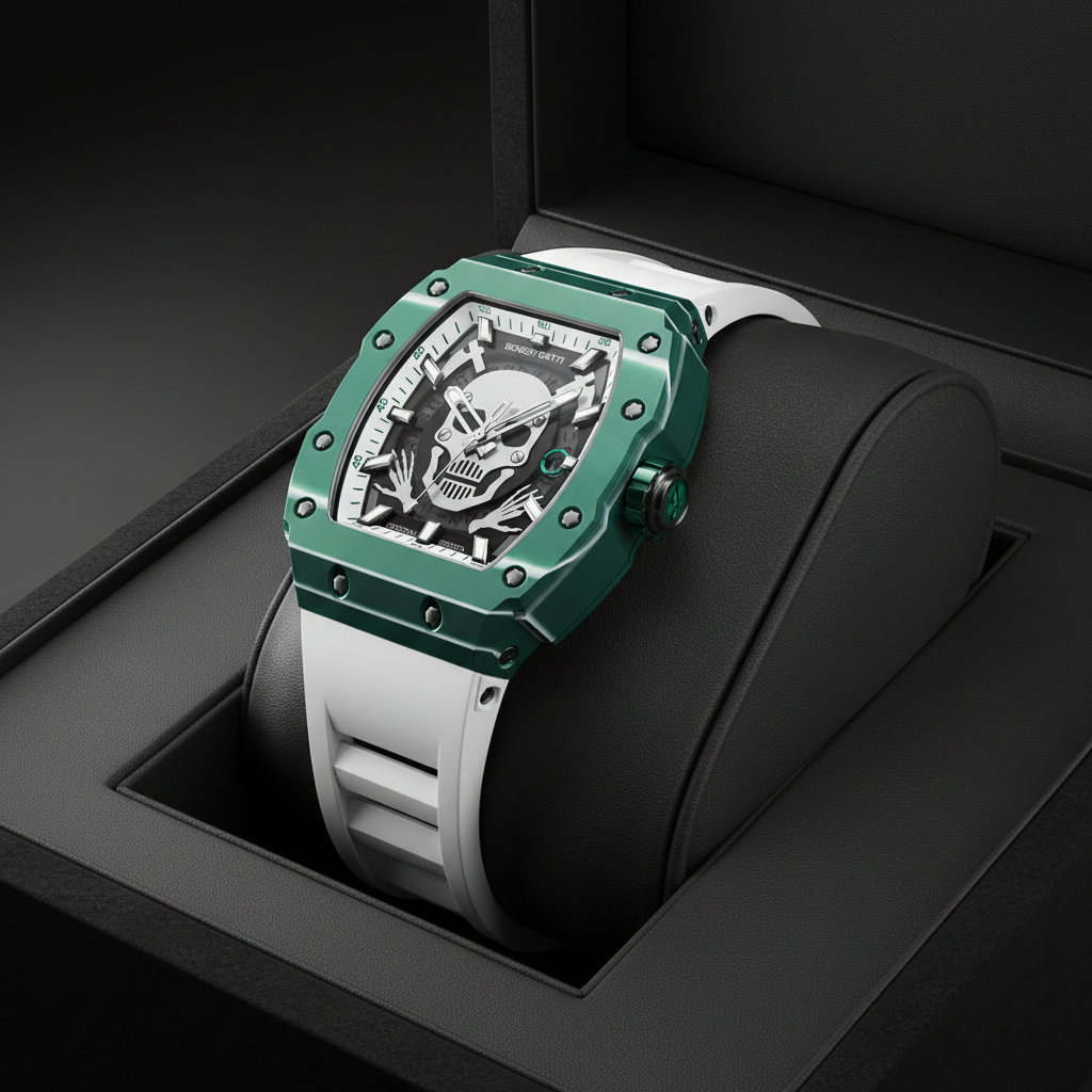Bonest Gatti BG9908 automatic skeleton watch with carbon fiber case displayed in luxury presentation box