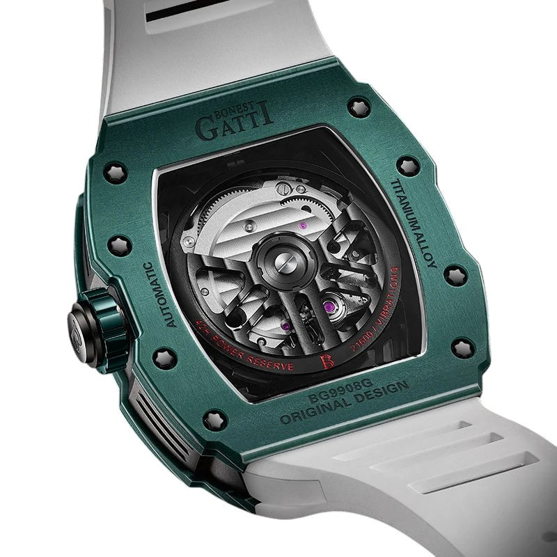 Detailed view of Bonest Gatti BG9908 carbon fiber case and crown on automatic skeleton watch