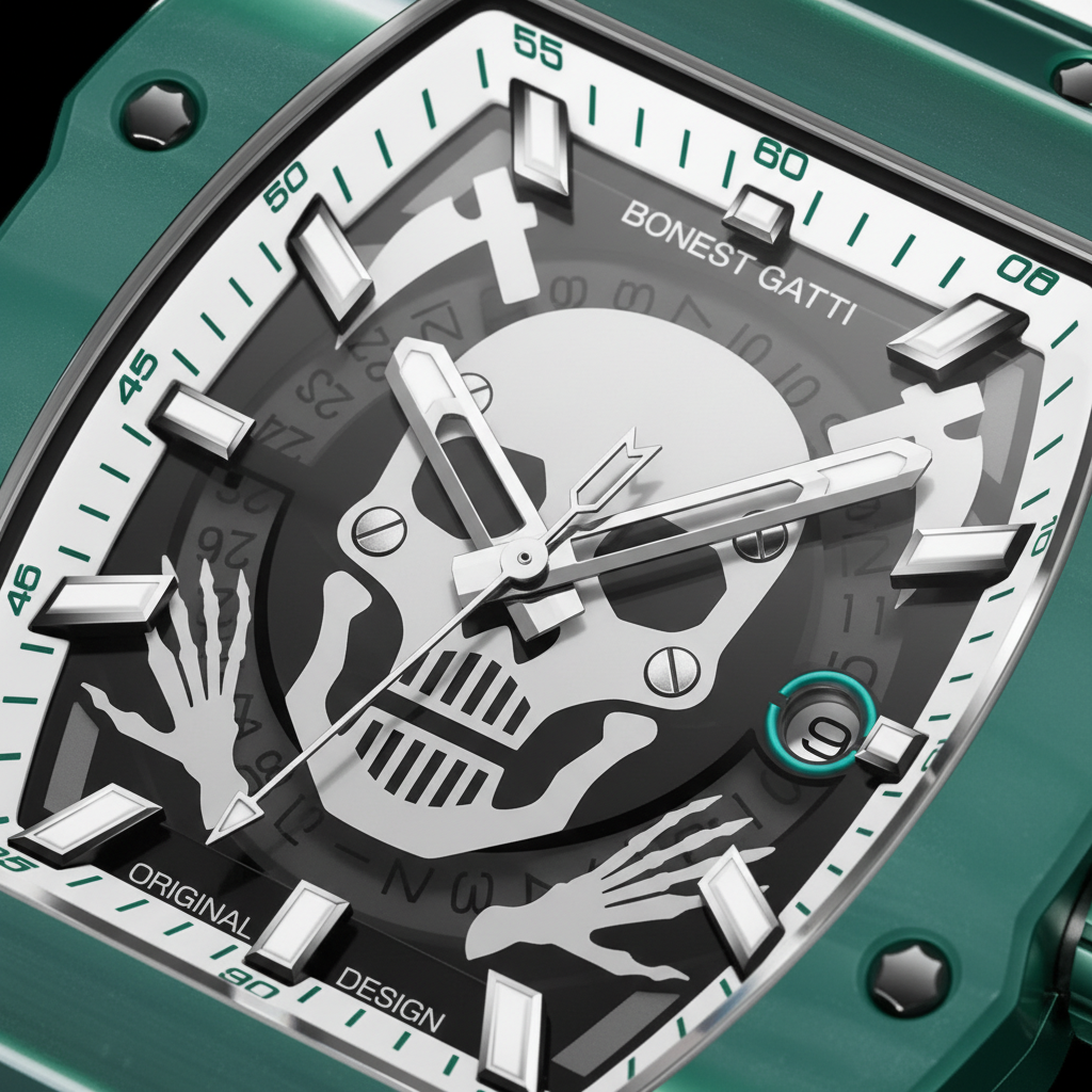 Close up of Bonest Gatti BG9908 skeleton dial with carbon fiber design and luminous hour markers