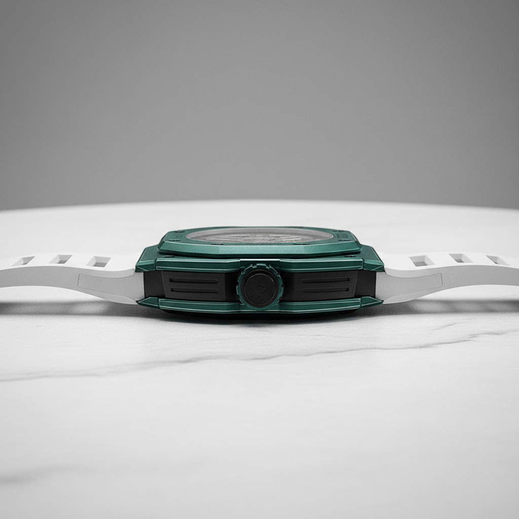 Side profile of Bonest Gatti BG9908 automatic skeleton watch showing carbon fiber case thickness and crown