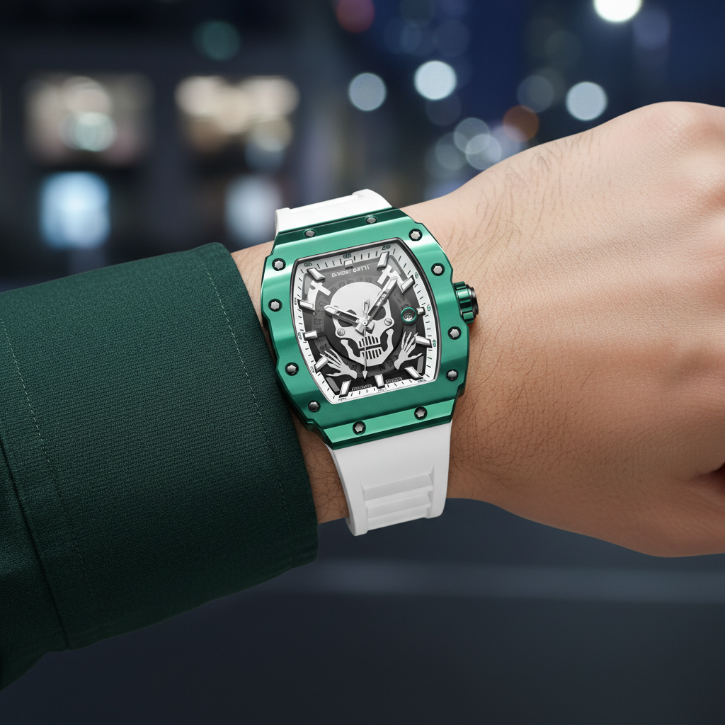 Bonest Gatti BG9908 automatic skeleton watch with carbon fiber case worn on wrist in luxury lifestyle setting