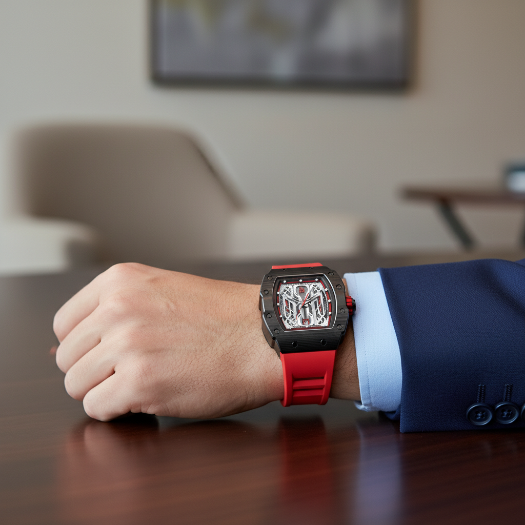 BONEST GATTI BG9916 tonneau automatic watch worn on wrist with red rubber strap and skeleton dial, luxury carbon fiber case lifestyle view