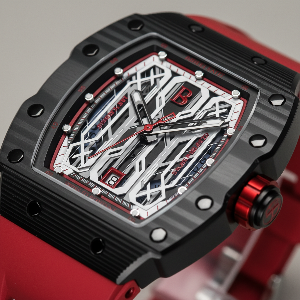 Close up of BONEST GATTI BG9916 tonneau automatic watch showing skeleton dial, carbon fiber case and red accent details