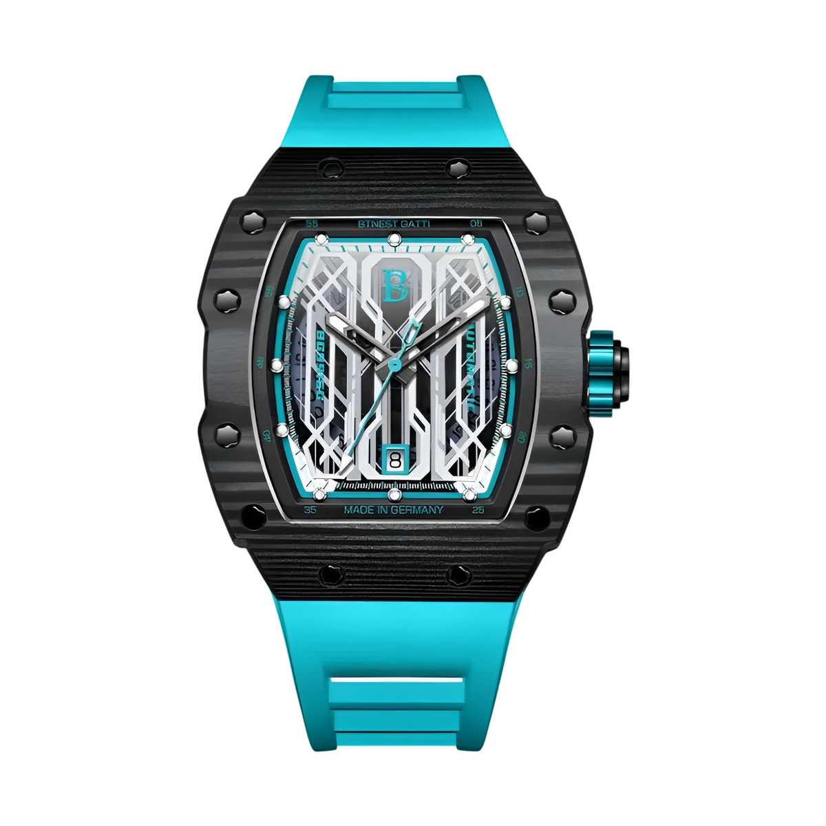 BONEST GATTI BG9916 tonneau carbon fiber titanium automatic watch with blue strap and skeleton dial