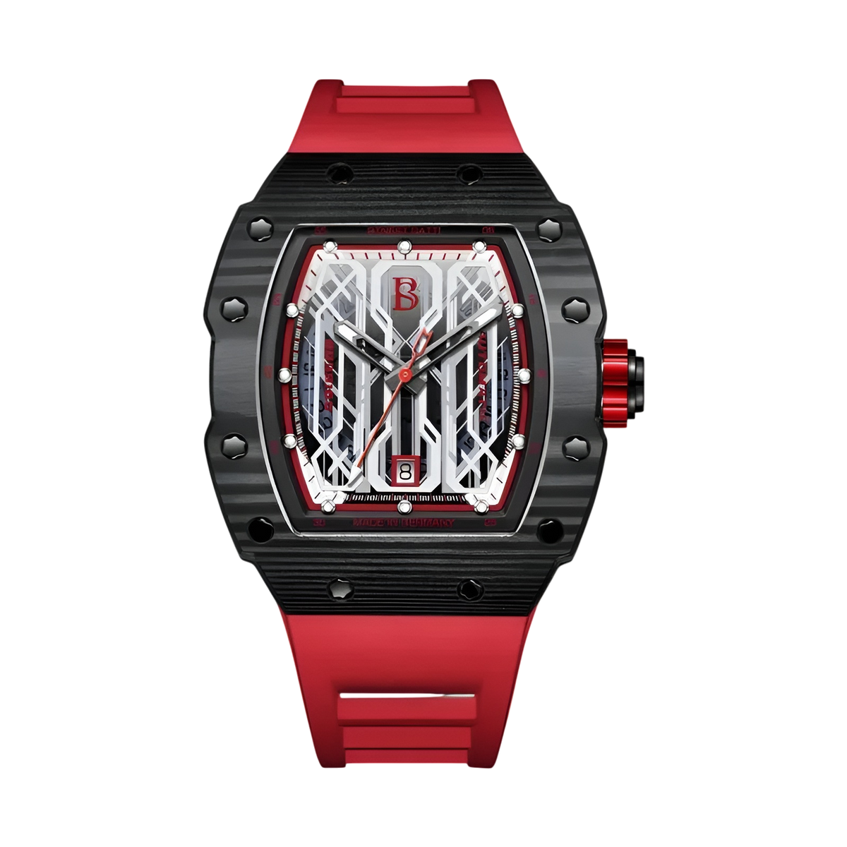 BONEST GATTI BG9916 tonneau carbon fiber titanium automatic watch with red strap and skeleton dial