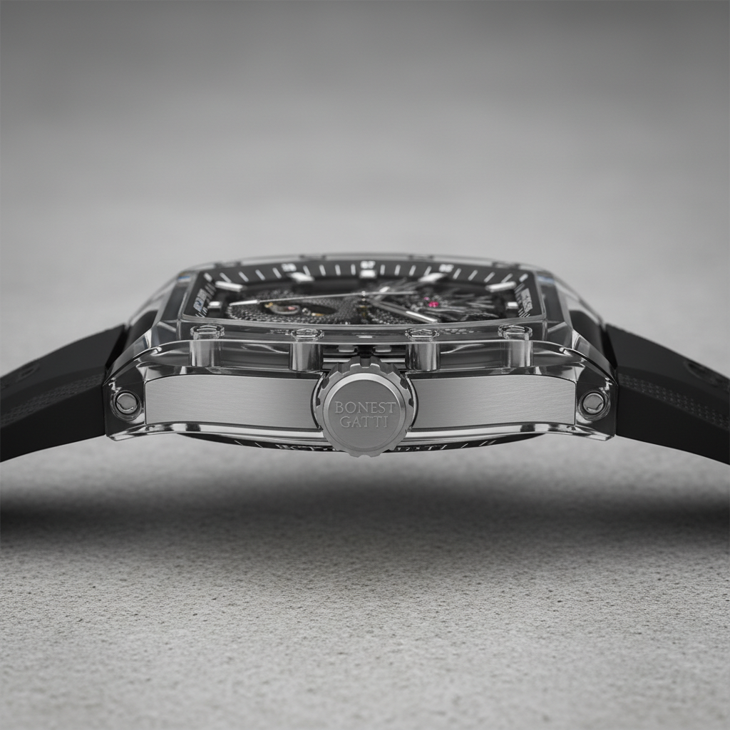 Side profile of BONEST GATTI BG9980 automatic watch highlighting glass case construction and engraved crown