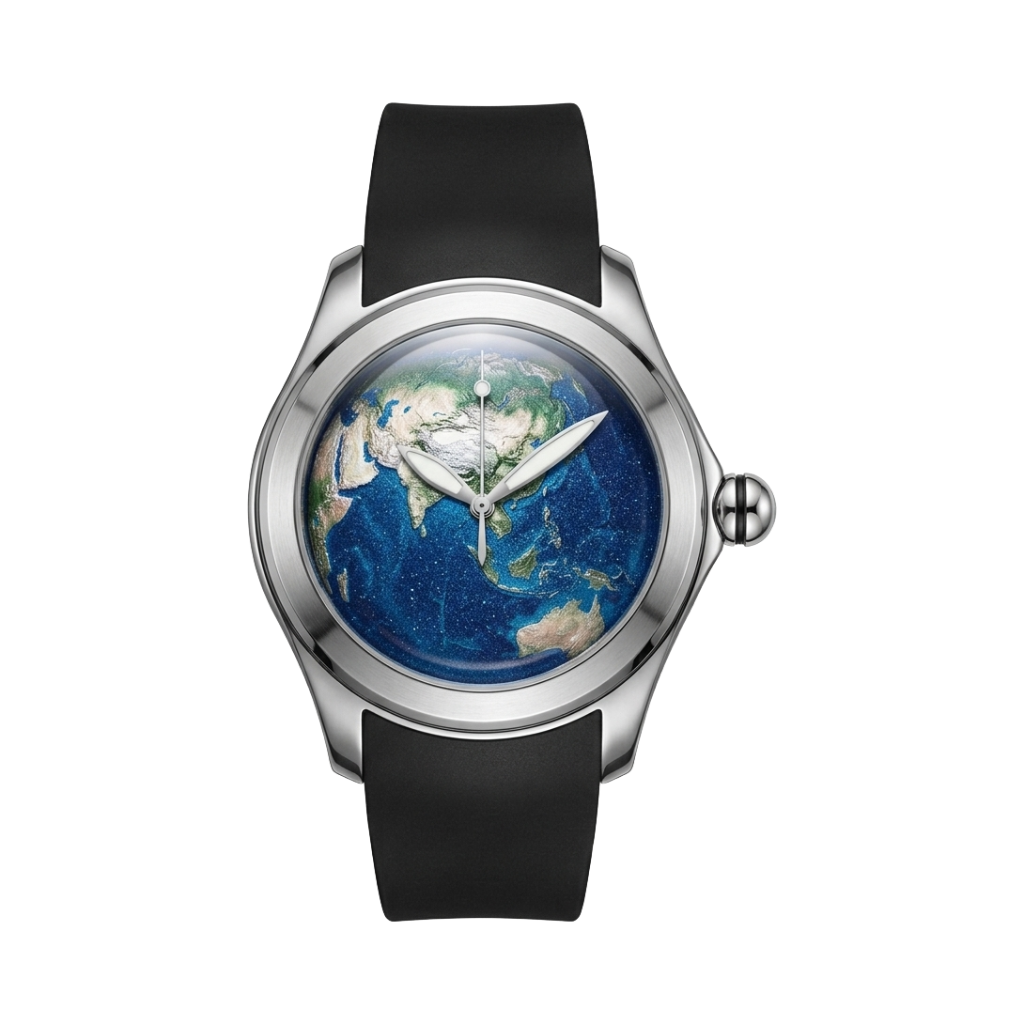 BREITVACHER Blue Planet - steel case earth map dial front view packshot