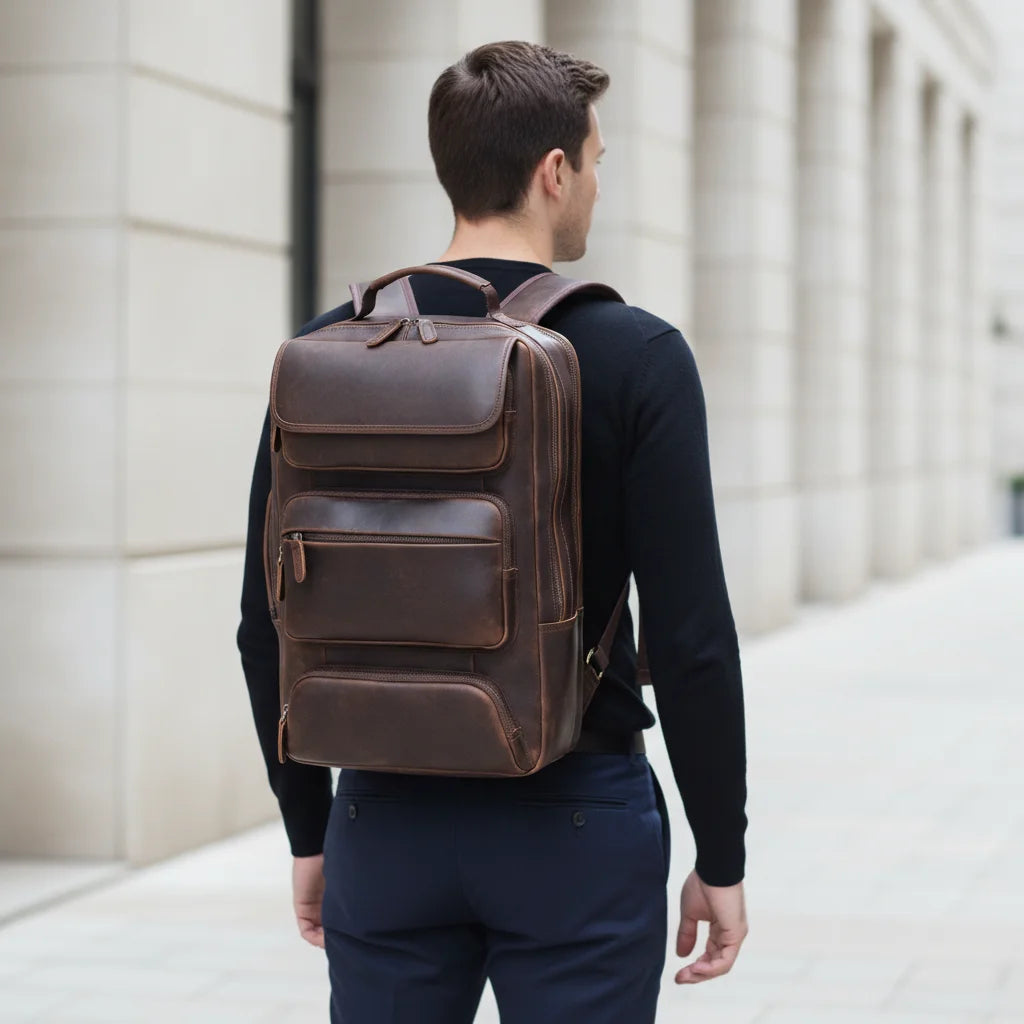 Vintage Leather Adventure Rucksack — worn on the back by a man in a black sweater